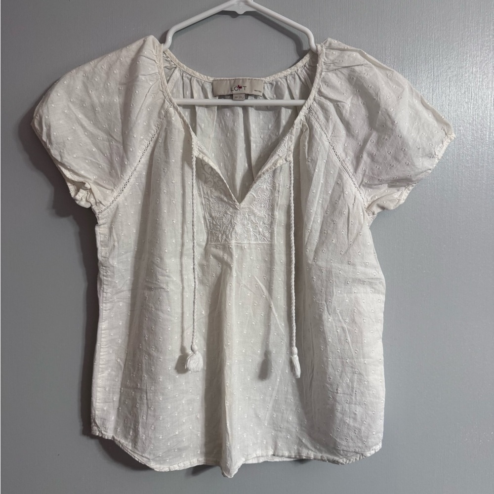 LOFT White Textured Blouse with Tassel Ties Size XS